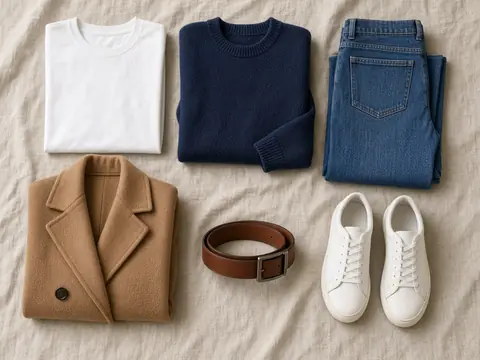 Flat lay of a white tee, navy knit, jeans, camel blazer, brown belt and white trainers