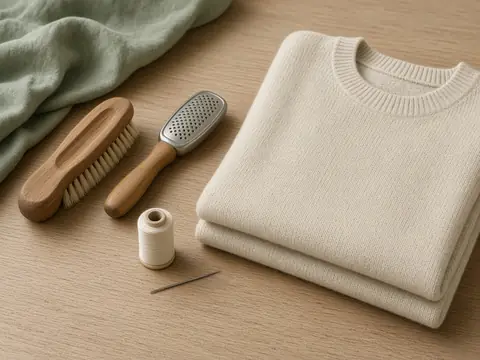 A folded knit sweater beside wooden clothes brushes on a linen surface