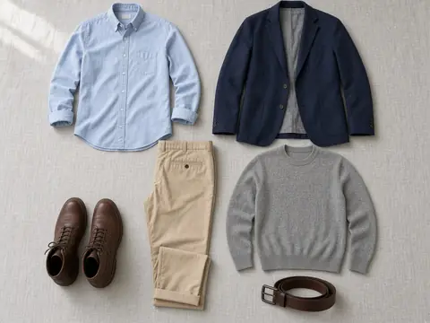 Flat lay of a shirt, blazer, chinos, knit sweater, loafers and belt in neutral colours