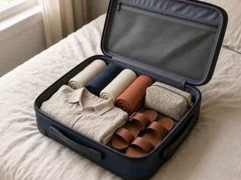An open suitcase packed with folded neutral clothes on a bed