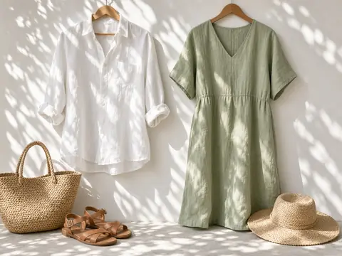 Flat lay of a linen shirt, sage dress, straw bag, sun hat and leather sandals