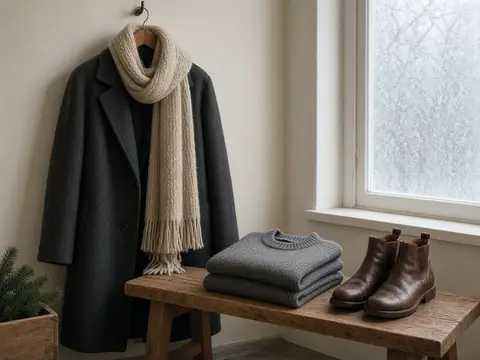 A dark wool coat, scarf and leather boots on a bench by a window